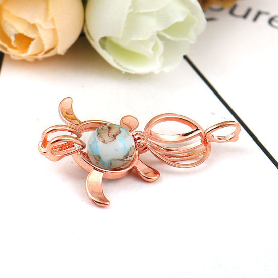 Picture of Brass Wish Pearl Locket Jewelry Pendants Sea Turtle Animal Rose Gold Can Open (Fit Bead Size: 8mm) 25mm(1") x 22mm( 7/8"), 2 PCs
