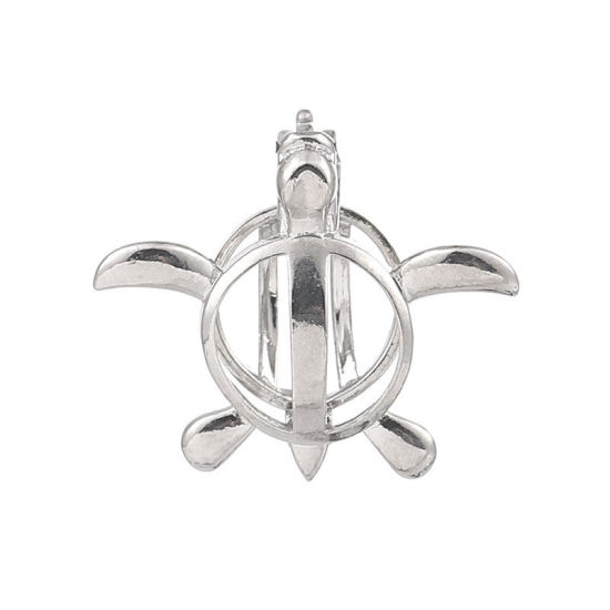Picture of Brass Wish Pearl Locket Jewelry Pendants Sea Turtle Animal Silver Tone Can Open (Fit Bead Size: 8mm) 25mm(1") x 22mm( 7/8"), 2 PCs