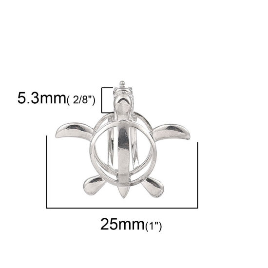 Picture of Brass Wish Pearl Locket Jewelry Pendants Sea Turtle Animal Silver Tone Can Open (Fit Bead Size: 8mm) 25mm(1") x 22mm( 7/8"), 2 PCs