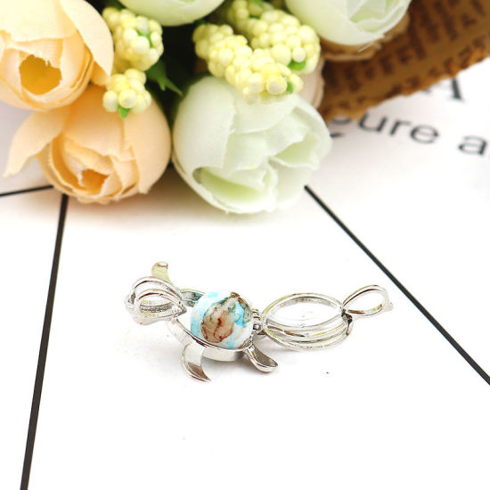 Picture of Brass Wish Pearl Locket Jewelry Pendants Sea Turtle Animal Silver Tone Can Open (Fit Bead Size: 8mm) 25mm(1") x 22mm( 7/8"), 2 PCs