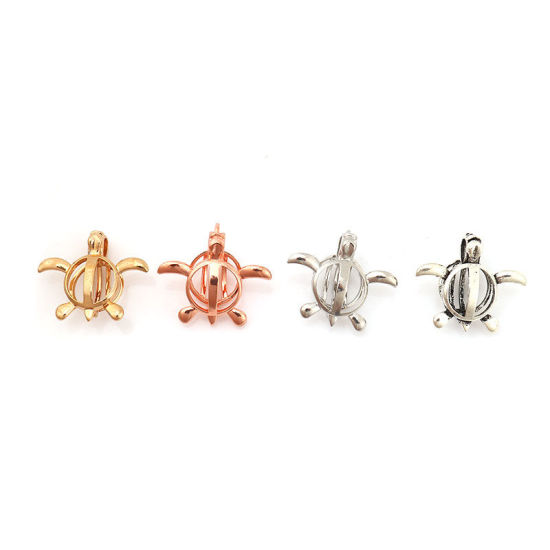 Picture of Brass Wish Pearl Locket Jewelry Pendants Sea Turtle Animal Silver Tone Can Open (Fit Bead Size: 8mm) 25mm(1") x 22mm( 7/8"), 2 PCs