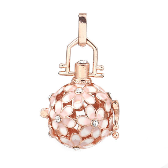 Picture of Brass Pendants Mexican Angel Caller Bola Harmony Ball Wish Box Locket Flower Rose Gold Pink Enamel Clear Rhinestone Can Open (Fits 14mm Beads) 42mm(1 5/8") x 25mm(1"), 1 Piece