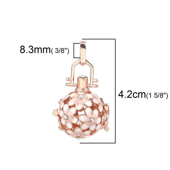 Picture of Brass Pendants Mexican Angel Caller Bola Harmony Ball Wish Box Locket Flower Rose Gold Pink Enamel Clear Rhinestone Can Open (Fits 14mm Beads) 42mm(1 5/8") x 25mm(1"), 1 Piece