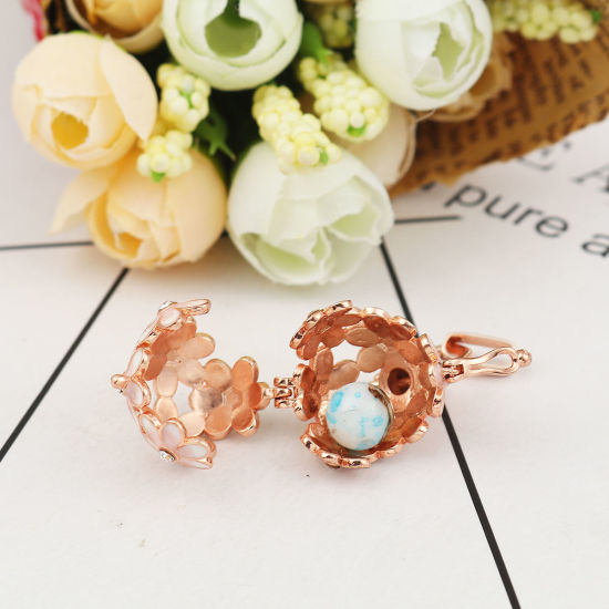 Picture of Brass Pendants Mexican Angel Caller Bola Harmony Ball Wish Box Locket Flower Rose Gold Pink Enamel Clear Rhinestone Can Open (Fits 14mm Beads) 42mm(1 5/8") x 25mm(1"), 1 Piece