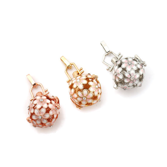 Picture of Brass Pendants Mexican Angel Caller Bola Harmony Ball Wish Box Locket Flower Rose Gold Pink Enamel Clear Rhinestone Can Open (Fits 14mm Beads) 42mm(1 5/8") x 25mm(1"), 1 Piece