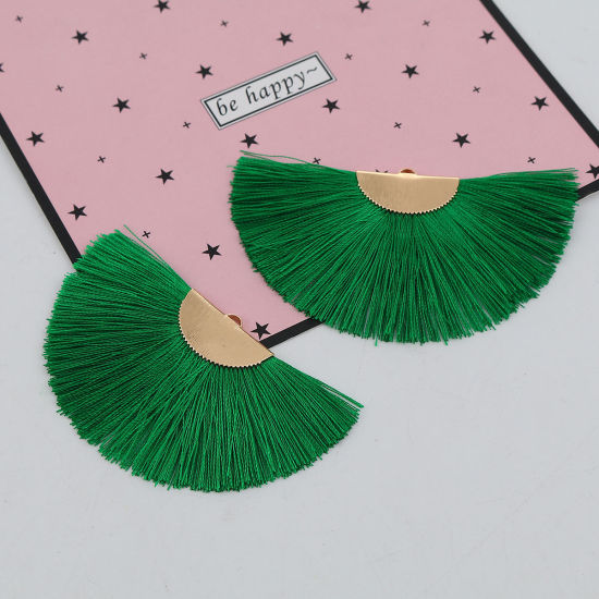 Image de Pendentifs Franges en Polyester Demi-Rond Doré Vert 80mm x 47mm, 2 Pcs