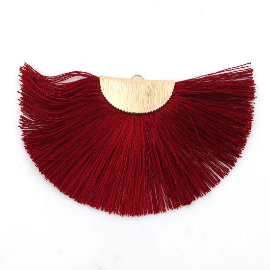 Image de Pendentifs Franges en Polyester Demi-Rond Doré Rouge Violacé 80mm x 47mm, 2 Pcs