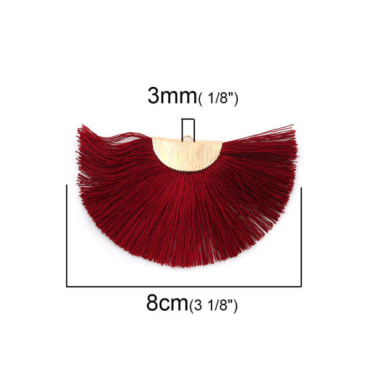 Image de Pendentifs Franges en Polyester Demi-Rond Doré Rouge Violacé 80mm x 47mm, 2 Pcs