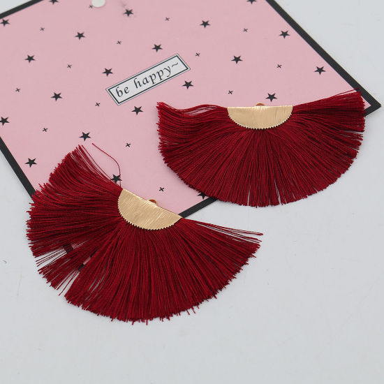 Image de Pendentifs Franges en Polyester Demi-Rond Doré Rouge Violacé 80mm x 47mm, 2 Pcs