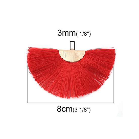 Image de Pendentifs Franges en Polyester Demi-Rond Doré Rouge 80mm x 47mm, 2 Pcs