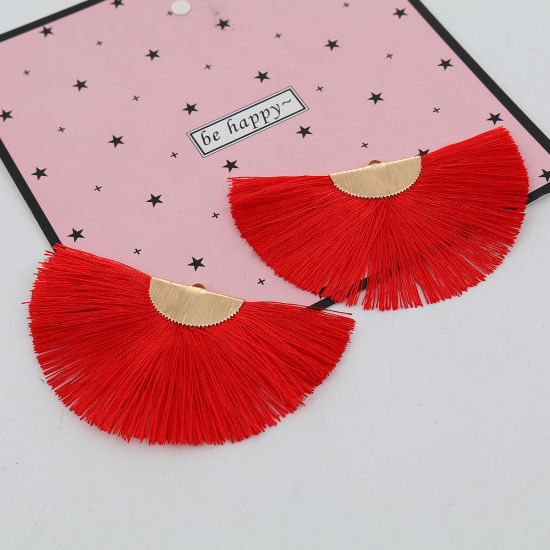 Image de Pendentifs Franges en Polyester Demi-Rond Doré Rouge 80mm x 47mm, 2 Pcs