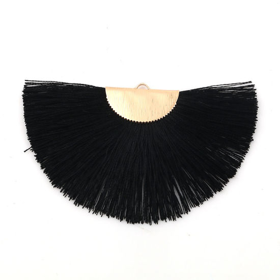 Image de Pendentifs Franges en Polyester Demi-Rond Doré Noir 80mm x 47mm, 2 Pcs