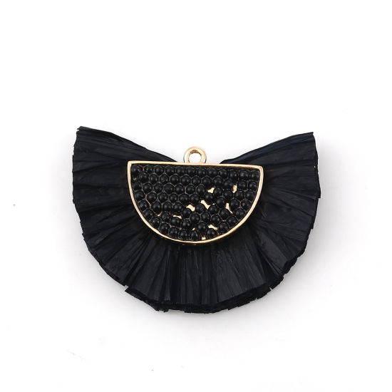 Image de Pendentifs Franges Perles de Rocailles en Raphia Demi-Rond Doré Noir 46mm x 33mm, 1 Pièce