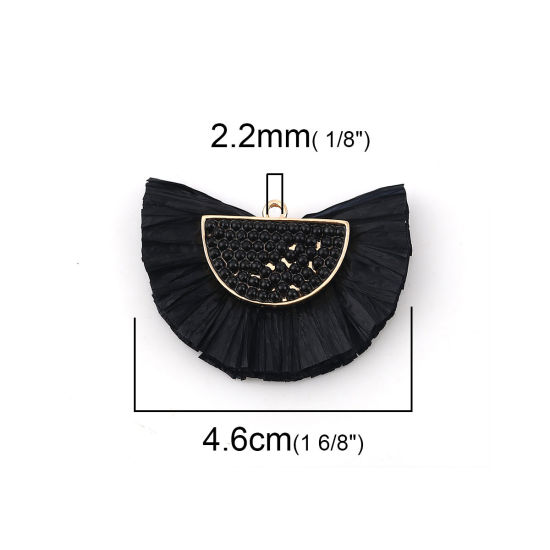 Image de Pendentifs Franges Perles de Rocailles en Raphia Demi-Rond Doré Noir 46mm x 33mm, 1 Pièce