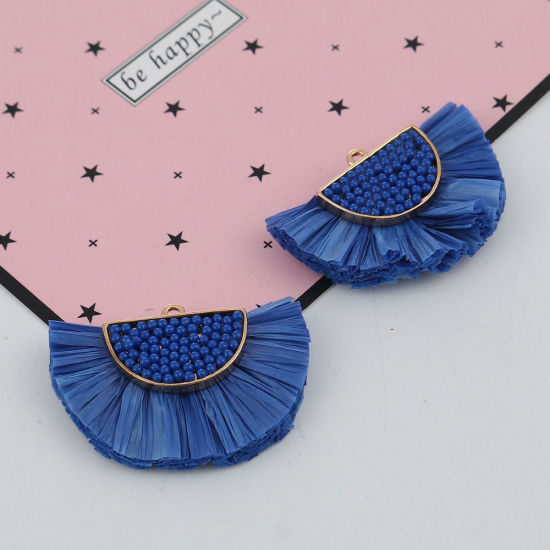 Image de Pendentifs Franges Perles de Rocailles en Raphia Demi-Rond Doré Noir 46mm x 33mm, 1 Pièce