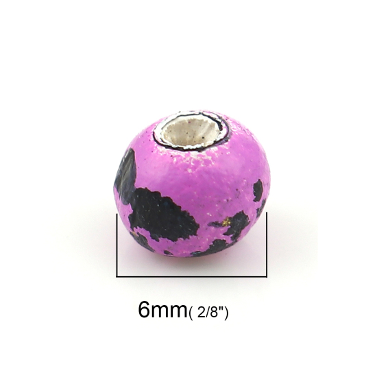 ウッド ビーズ 円形 フクシア色 スポット柄 約 6mm直径、 穴：約 1.7mm - 1.4mm、 100 個 の画像