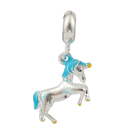 Image de Perles à Gros Trou au Style Européen en Alliage de Zinc Cheval Argenté Bleu Email 29mm x 16mm, 3 Pcs