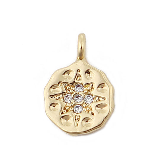Immagine di Ottone Charms Tondo 18K Vero Oro Placcato Fiore Trasparente Strass 11mmx 8mm, 3 Pz