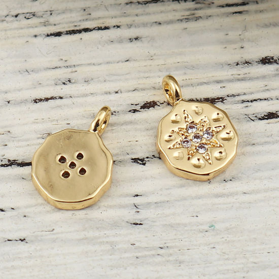 Immagine di Ottone Charms Tondo 18K Vero Oro Placcato Fiore Trasparente Strass 11mmx 8mm, 3 Pz