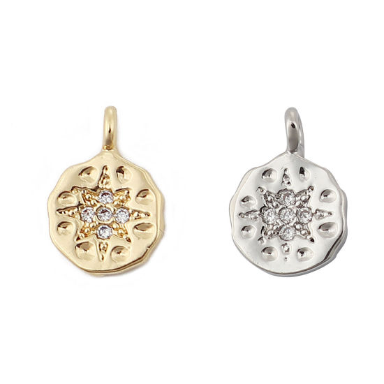 Immagine di Ottone Charms Tondo 18K Vero Oro Placcato Fiore Trasparente Strass 11mmx 8mm, 3 Pz