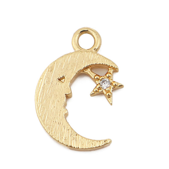 Immagine di Ottone Charms Luna 18K Vero Oro Placcato Stella Trasparente Strass 13mmx 9mm, 3 Pz