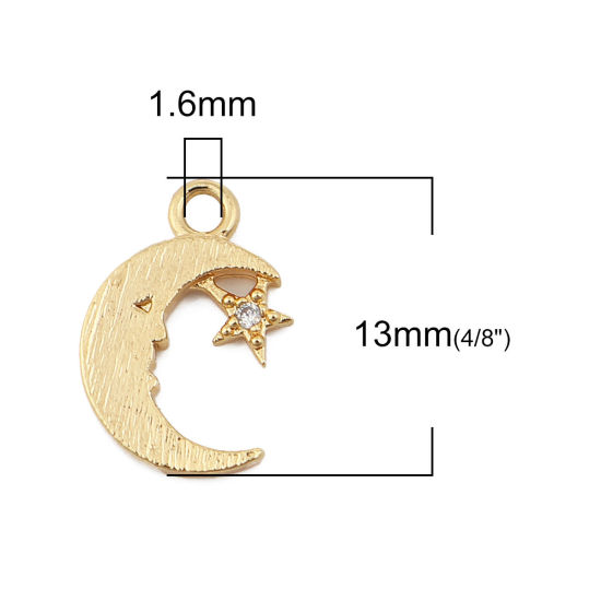 Immagine di Ottone Charms Luna 18K Vero Oro Placcato Stella Trasparente Strass 13mmx 9mm, 3 Pz