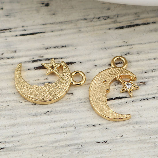 Immagine di Ottone Charms Luna 18K Vero Oro Placcato Stella Trasparente Strass 13mmx 9mm, 3 Pz