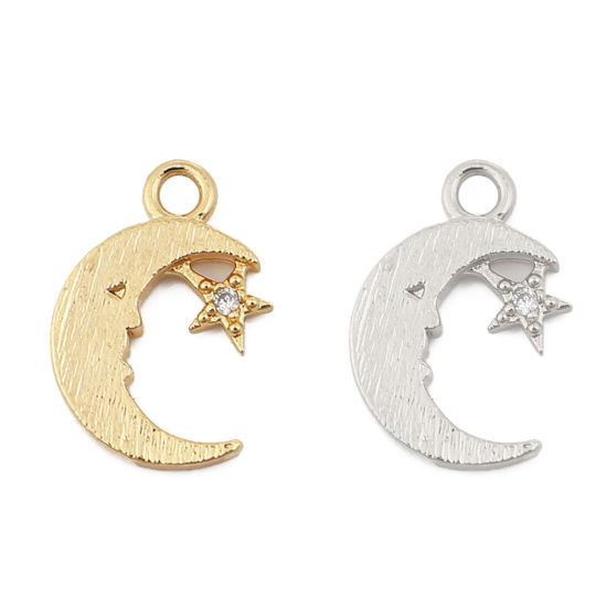Immagine di Ottone Charms Luna 18K Vero Oro Placcato Stella Trasparente Strass 13mmx 9mm, 3 Pz