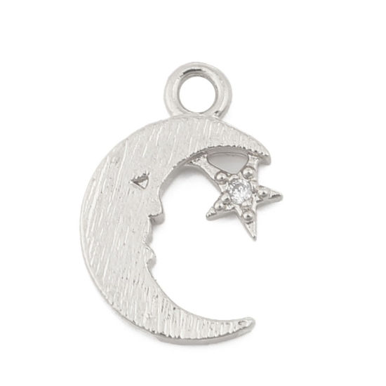 Immagine di Ottone Charms Luna 18K Vero Oro Placcato Stella Trasparente Strass 13mmx 9mm, 3 Pz