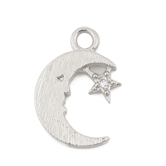 Immagine di Ottone Charms Luna 18K Vero Platino Placcato Stella Trasparente Strass 13mmx 9mm, 3 Pz