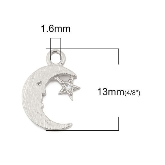 Immagine di Ottone Charms Luna 18K Vero Platino Placcato Stella Trasparente Strass 13mmx 9mm, 3 Pz