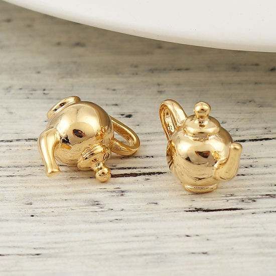 Immagine di Ottone 3D Charms Teiera 18K Vero Oro Placcato 15mmx 11mm, 3 Pz