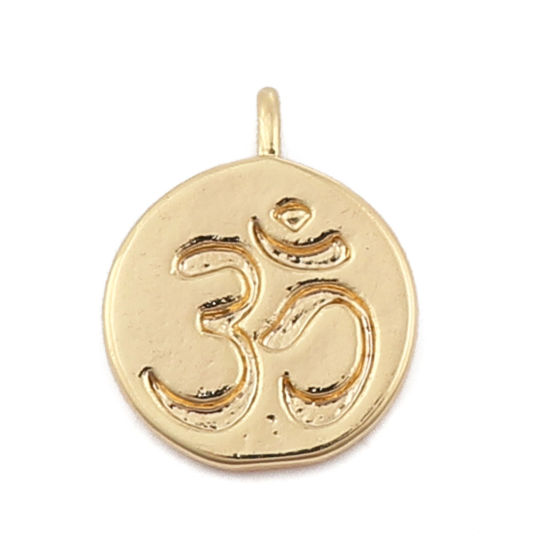 Immagine di Ottone Charms Tondo 18K Vero Oro Placcato Yoga OM 12mmx 9mm, 3 Pz