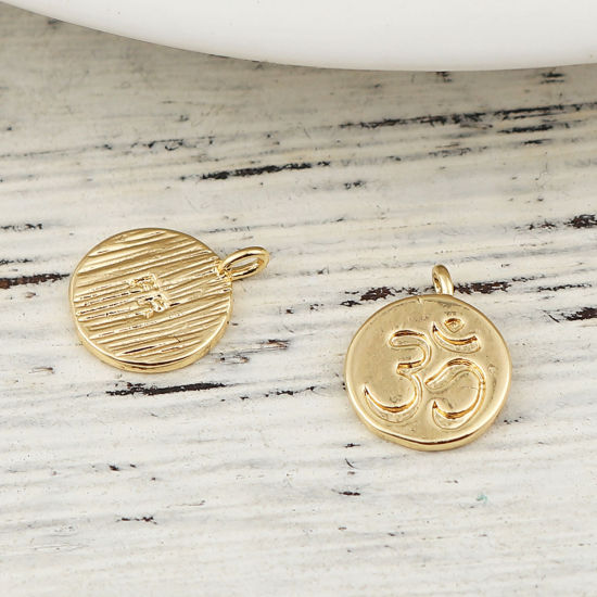 Immagine di Ottone Charms Tondo 18K Vero Oro Placcato Yoga OM 12mmx 9mm, 3 Pz