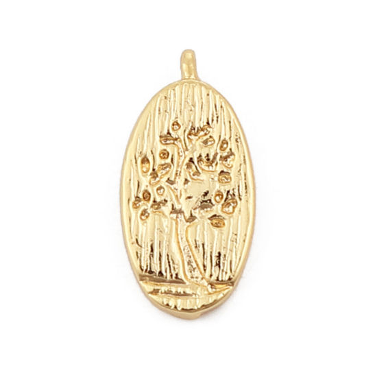 Immagine di Ottone Charms Ovale 18K Vero Oro Placcato Albero 11mmx 6mm, 5 Pz