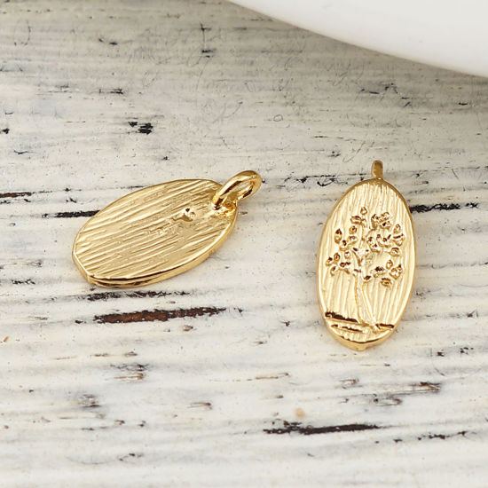 Immagine di Ottone Charms Ovale 18K Vero Oro Placcato Albero 11mmx 6mm, 5 Pz