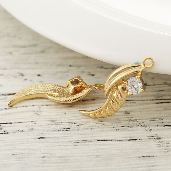Immagine di Ottone Charms Ali 18K Vero Oro Placcato Trasparente Strass 24mmx 8mm, 3 Pz