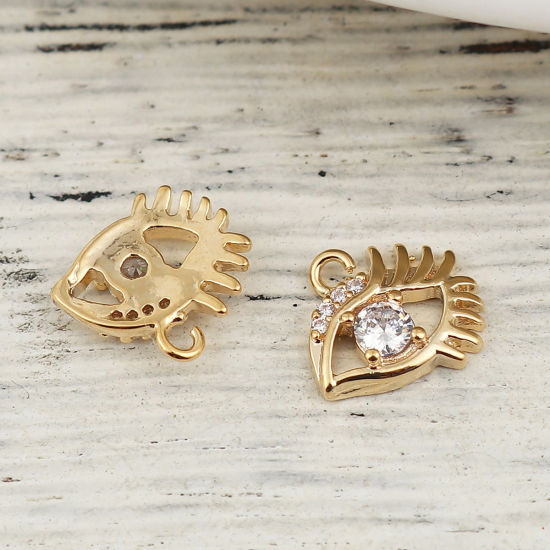 Immagine di Ottone Charms Occhi 18K Vero Oro Placcato Trasparente Strass 11mmx 9mm, 3 Pz