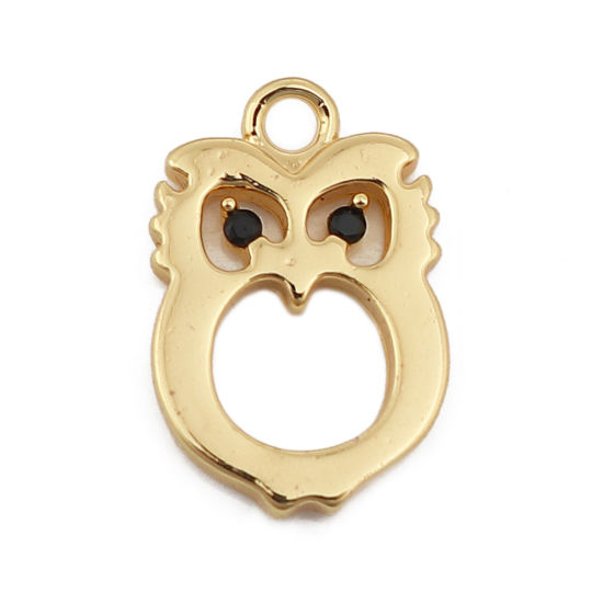 Immagine di Ottone Charms Gufo 18K Vero Oro Placcato Nero Strass 13mmx 8mm, 2 Pz