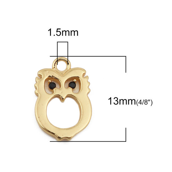 Immagine di Ottone Charms Gufo 18K Vero Oro Placcato Nero Strass 13mmx 8mm, 2 Pz