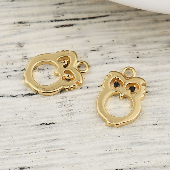 Immagine di Ottone Charms Gufo 18K Vero Oro Placcato Nero Strass 13mmx 8mm, 2 Pz