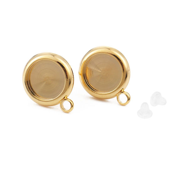 Picture of Brass Cabochon Settings Ear Post Stud Earrings Round 18K Real Gold Plated (Fit 8mm Dia.) 13mm x 10mm, Post/ Wire Size: (20 gauge), 4 PCs