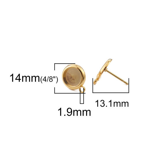 Picture of Brass Cabochon Settings Ear Post Stud Earrings Round 18K Real Gold Plated (Fit 8mm Dia.) 13mm x 10mm, Post/ Wire Size: (20 gauge), 4 PCs