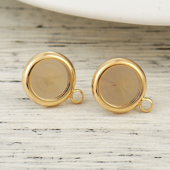 Picture of Brass Cabochon Settings Ear Post Stud Earrings Round 18K Real Gold Plated (Fit 8mm Dia.) 13mm x 10mm, Post/ Wire Size: (20 gauge), 4 PCs