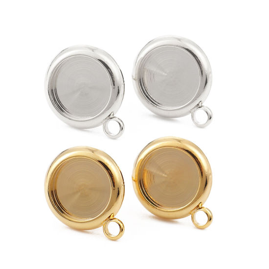 Picture of Brass Cabochon Settings Ear Post Stud Earrings Round 18K Real Gold Plated (Fit 8mm Dia.) 13mm x 10mm, Post/ Wire Size: (20 gauge), 4 PCs
