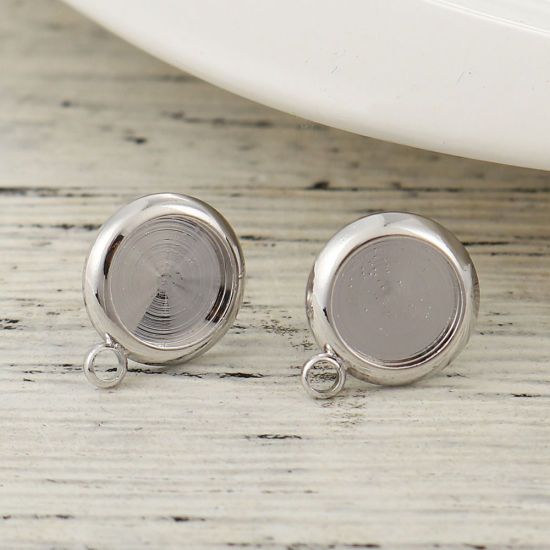 Picture of Brass Cabochon Settings Ear Post Stud Earrings Round 18K Real Gold Plated (Fit 8mm Dia.) 13mm x 10mm, Post/ Wire Size: (20 gauge), 4 PCs