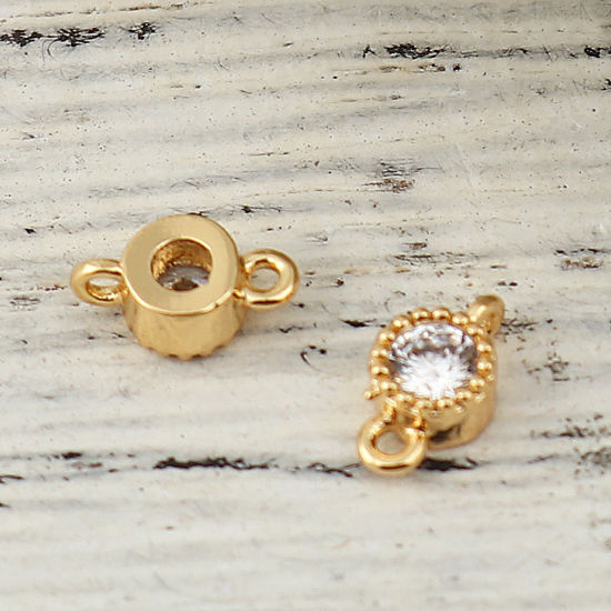 Immagine di Ottone Connettore Tondo 18K Vero Oro Placcato Trasparente Strass 7mmx 4mm, 3 Pz