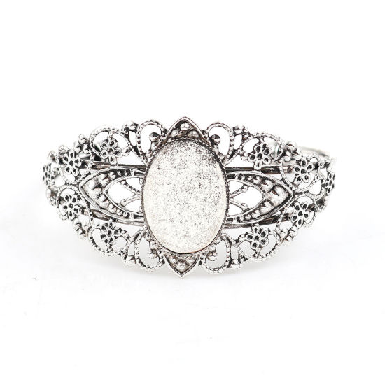 Picture of 2 PCs Brass & Iron Based Alloy Cabochon Settings Open Cuff Bangles Bracelets Findings Oval Filigree Antique Silver Color (Fits 25mmx18mm) 15.5cm(6 1/8") long