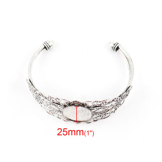 Picture of 2 PCs Brass & Iron Based Alloy Cabochon Settings Open Cuff Bangles Bracelets Findings Oval Filigree Antique Silver Color (Fits 25mmx18mm) 15.5cm(6 1/8") long