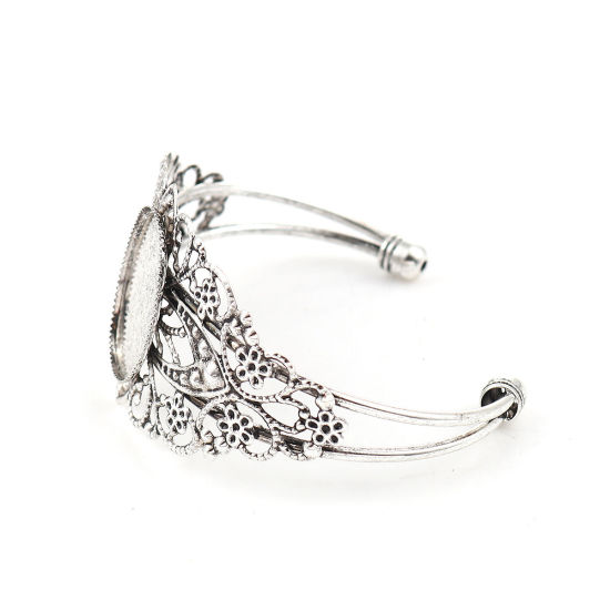 Picture of 2 PCs Brass & Iron Based Alloy Cabochon Settings Open Cuff Bangles Bracelets Findings Oval Filigree Antique Silver Color (Fits 25mmx18mm) 15.5cm(6 1/8") long